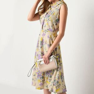 Liz Claiborne Womens Sleeveless Midi A-Line Dress Size 18 Floral Linen Blend